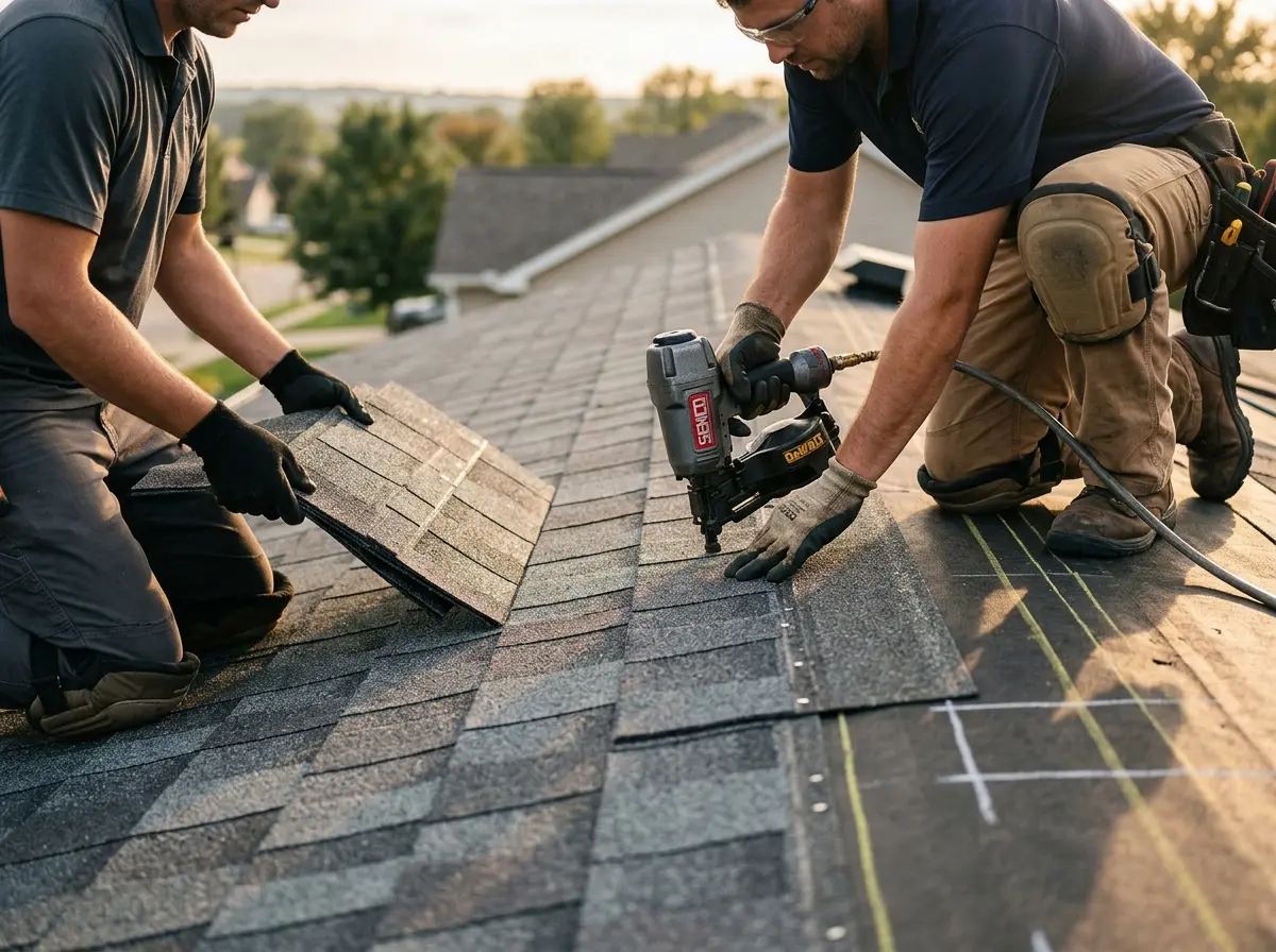Professional roofer working on a residential roof in Peru